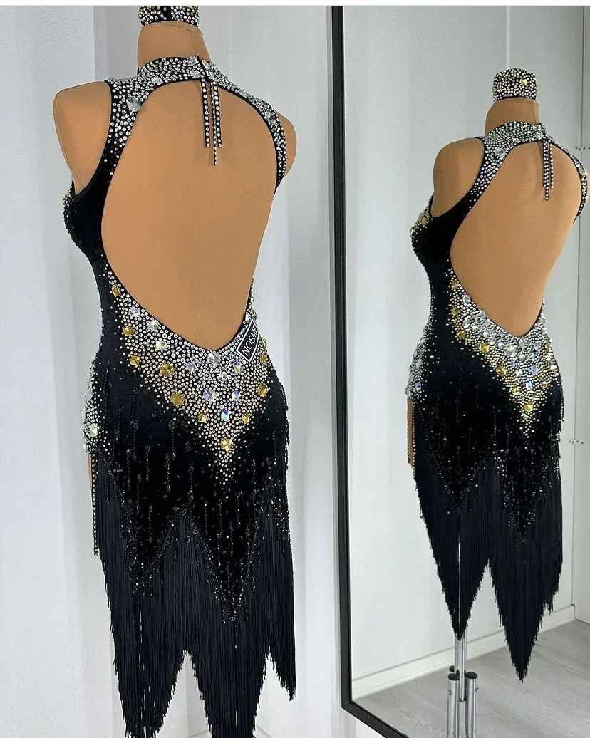 GOODANPAR Fringe mesh lycra Standard Latin Dance Dress Women with bodysuit bra cup Samba Salsa competition Costume Flapper Dress