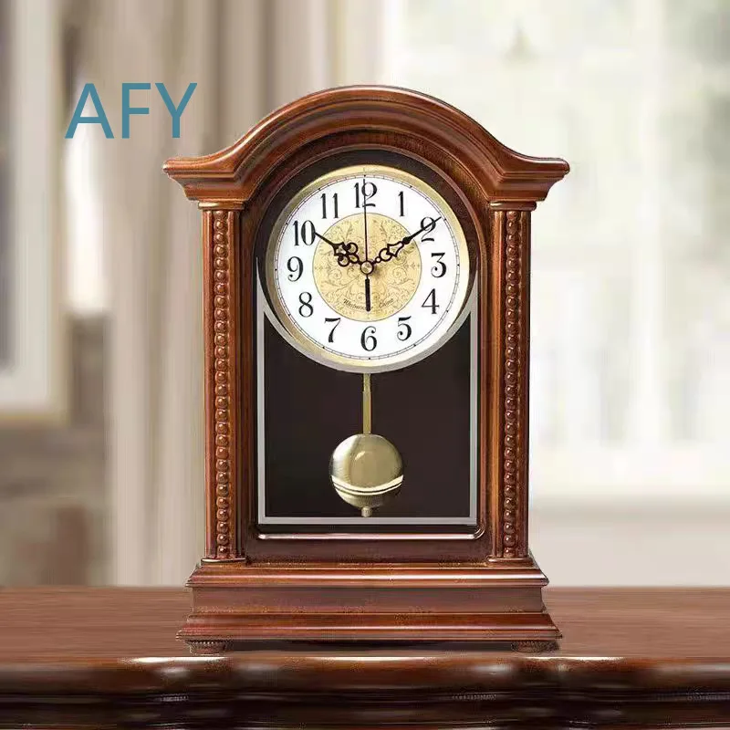 Vintage European Style Wooden Wall Clock for Living Room Decorative Pendulum Desk Clock with Chime Quartz Movement for Home