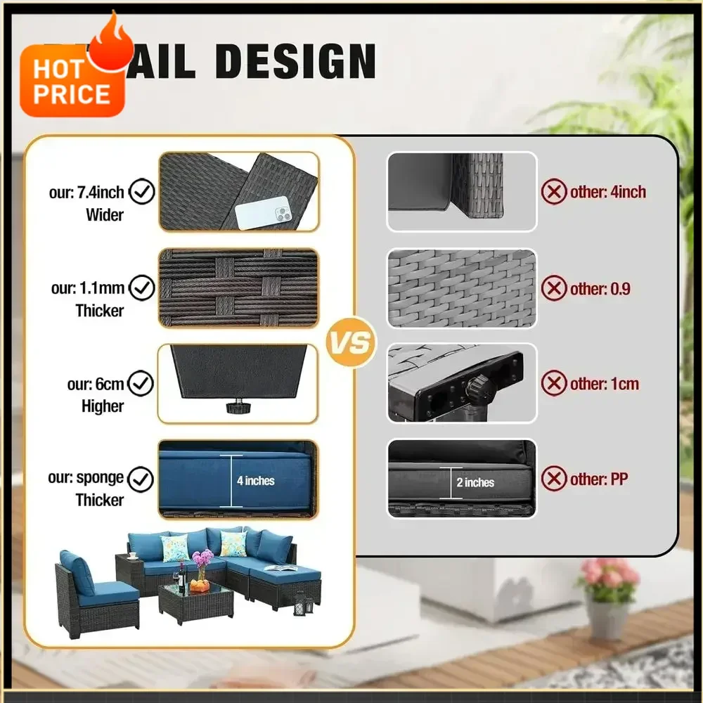 

Горячие продажи: Всепогодный комплект уличной секционной мебели из искусственного ротанга с подушками и стеклянным столом, цвет павлиний синий