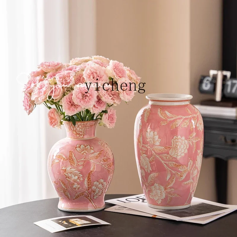 LYY  vase ceramic Chinese retro high-end pink blue and white porcelain living room table art ornament
