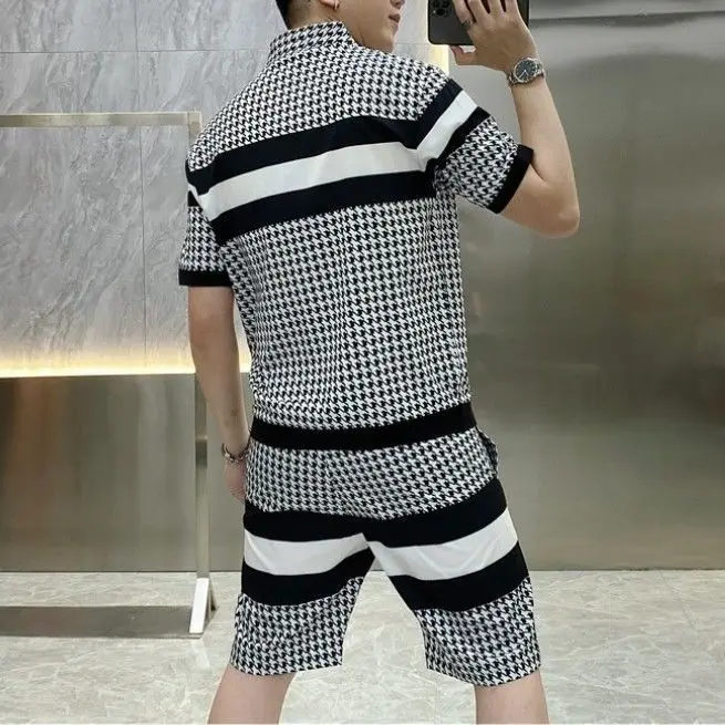 2025 conjunto de shorts casuais de manga curta masculina com zíper novo listrado verão simples