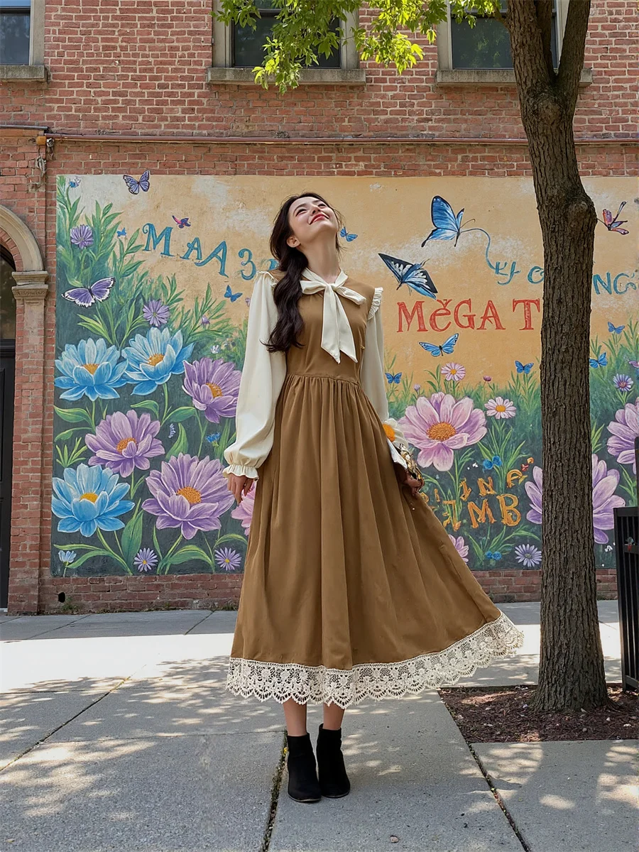 Vestido preto feminino manga longa ajuste regular estilo preppy outono primavera festa meados de bezerro floral boêmio em camadas painéis