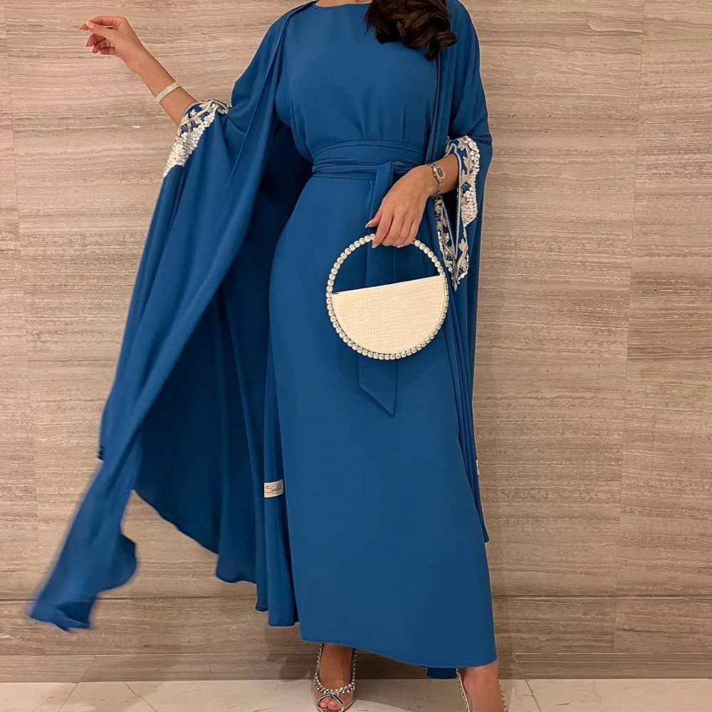 

Dubai Evening Caftan Dress Long Sleeves Jersey Straight Boat Neck Pleats Appliques Fashion Dresses For Formal Occasions Modern