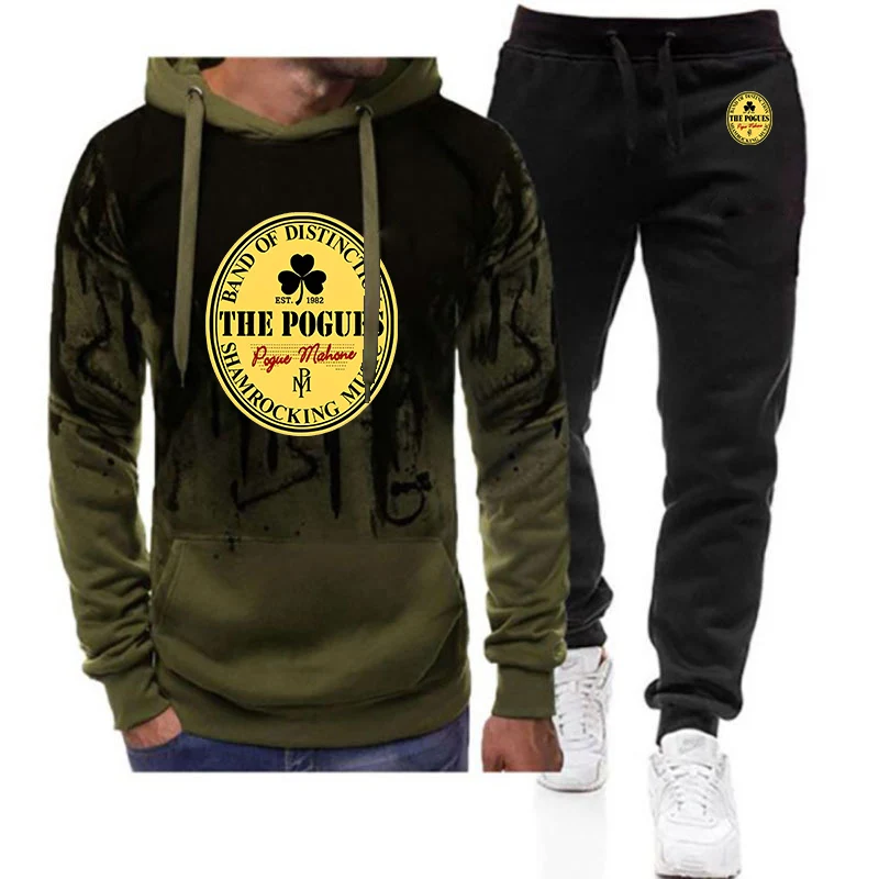 THE POGUES Print 2025 Spring And Autumn Men New Gradient Color Drawstring Hoodie + Casual Sweatpant Harajuku Sports Suit