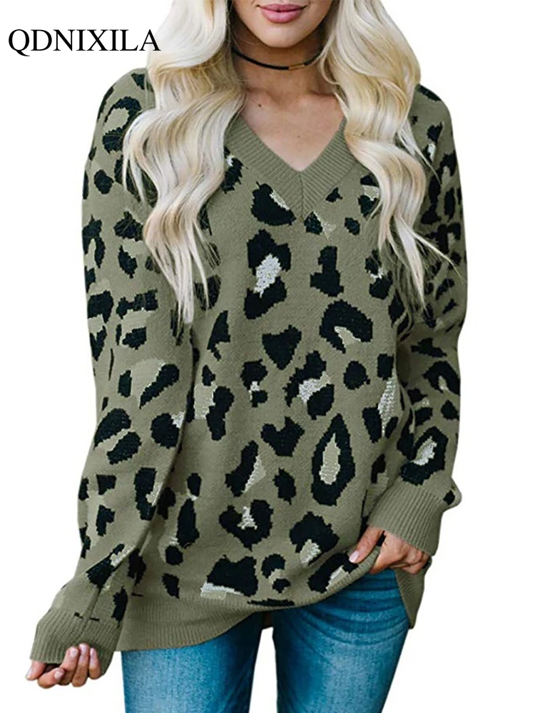 2022 autunno inverno nuovo Pullover con scollo a v manica lunga Top lavorato a maglia all\'uncinetto stile coreano leopardo Jacquard camicette da