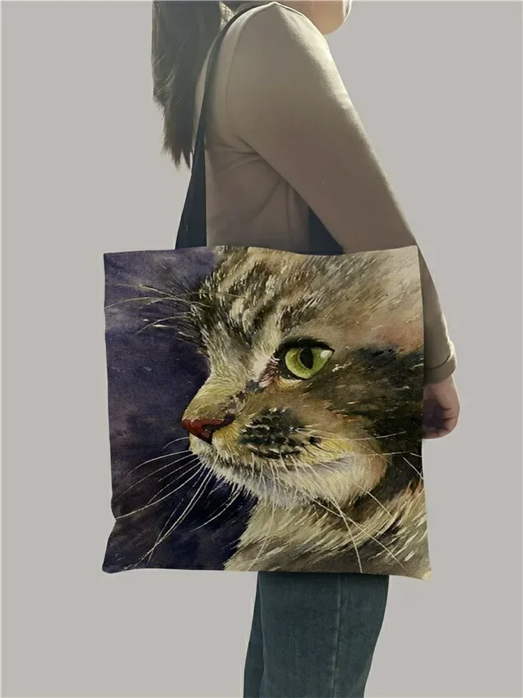 Customized Cute Cat Oil Painting Womens Designer Bag Reusable Shopping Bags Creative Printed Handbag Totes