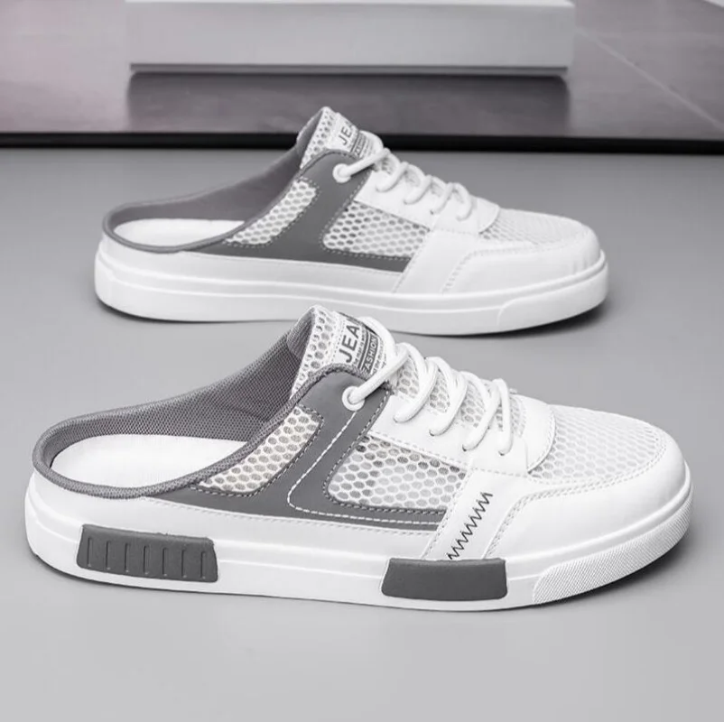 Herren-Halbpantoffeln, neue Mesh-Plateauschuhe, Größe 47, geruchshemmend, dicke Sohle, Oversized, Schwarz, Ein-Fuß-Freizeitschuhe_voghion.com