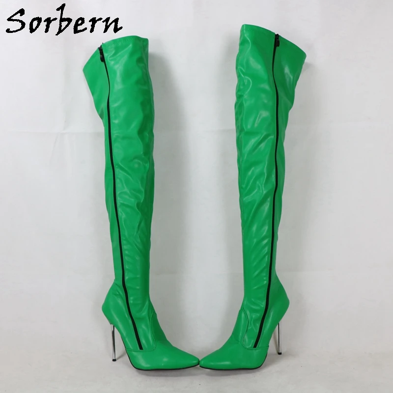 حذاء طويل Sorbern-Green غير لامع ، سحاب مزدوج الجانب ، كعب عالي ، كروسدرسر ، صنم فوق الركبة الحذاء ، مخصص واسع أو نحيف الساق