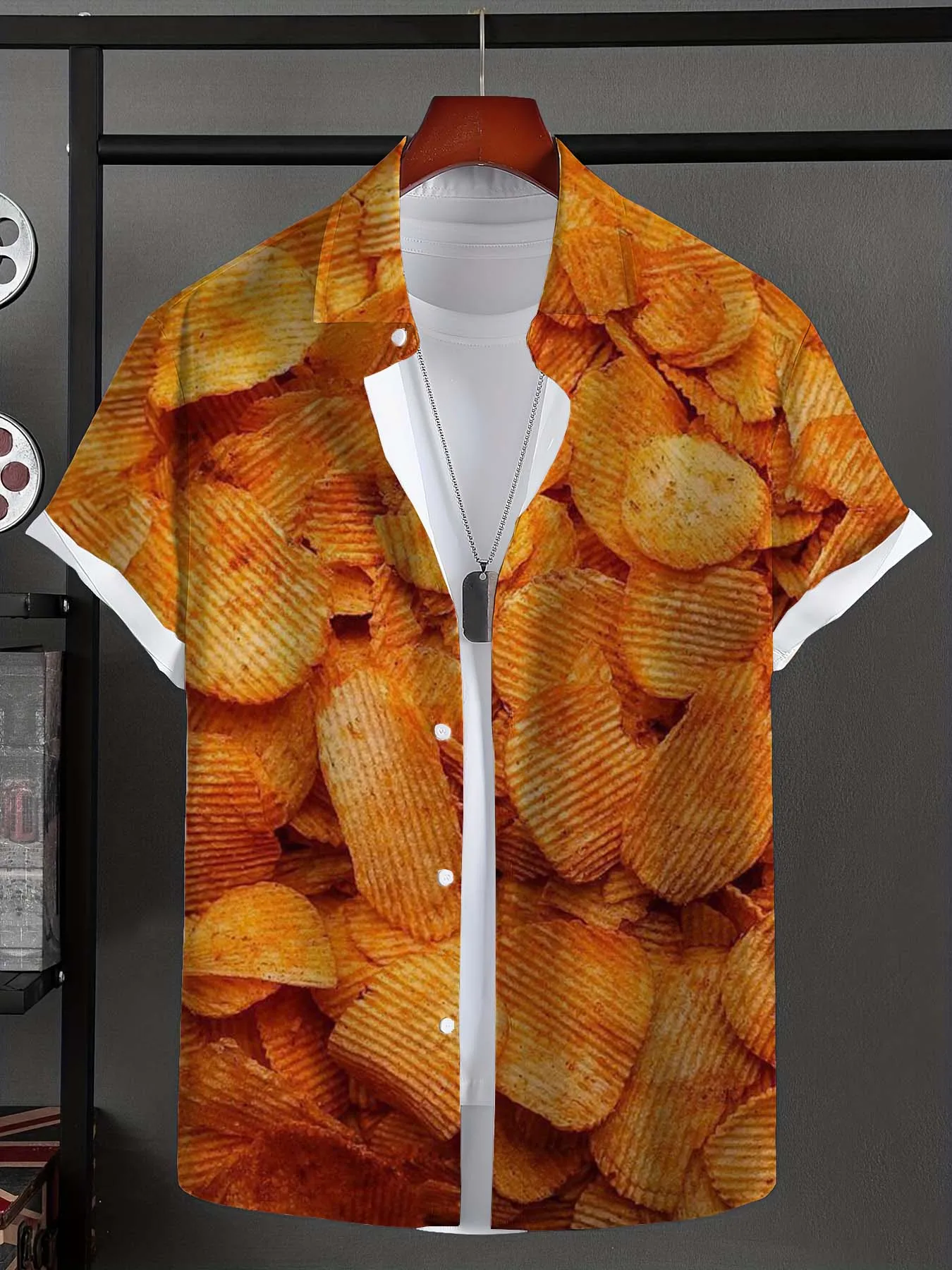 Hawaiian Shirt For Men Funny Snack pattern 3D Printed Short Sleeve Shirts Summer French fries Tops Oversized Men Clothing