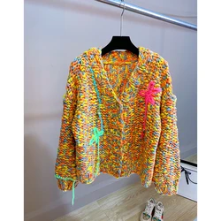 Women Colorful Dopamine Chunky Cardigan Sweet Handmade Knit Top 2023 Winter New In Y2k