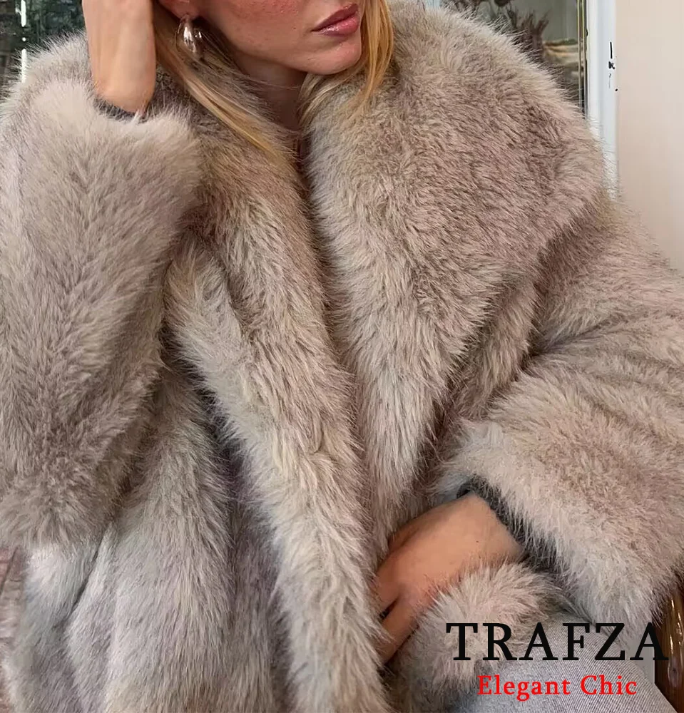 Trafza Vrouwen Winter Faux Bontjas Jas Jas Grote Revers Jas Nieuwe 2024 Herfst Winter Mode Slouchy Elegante Jas