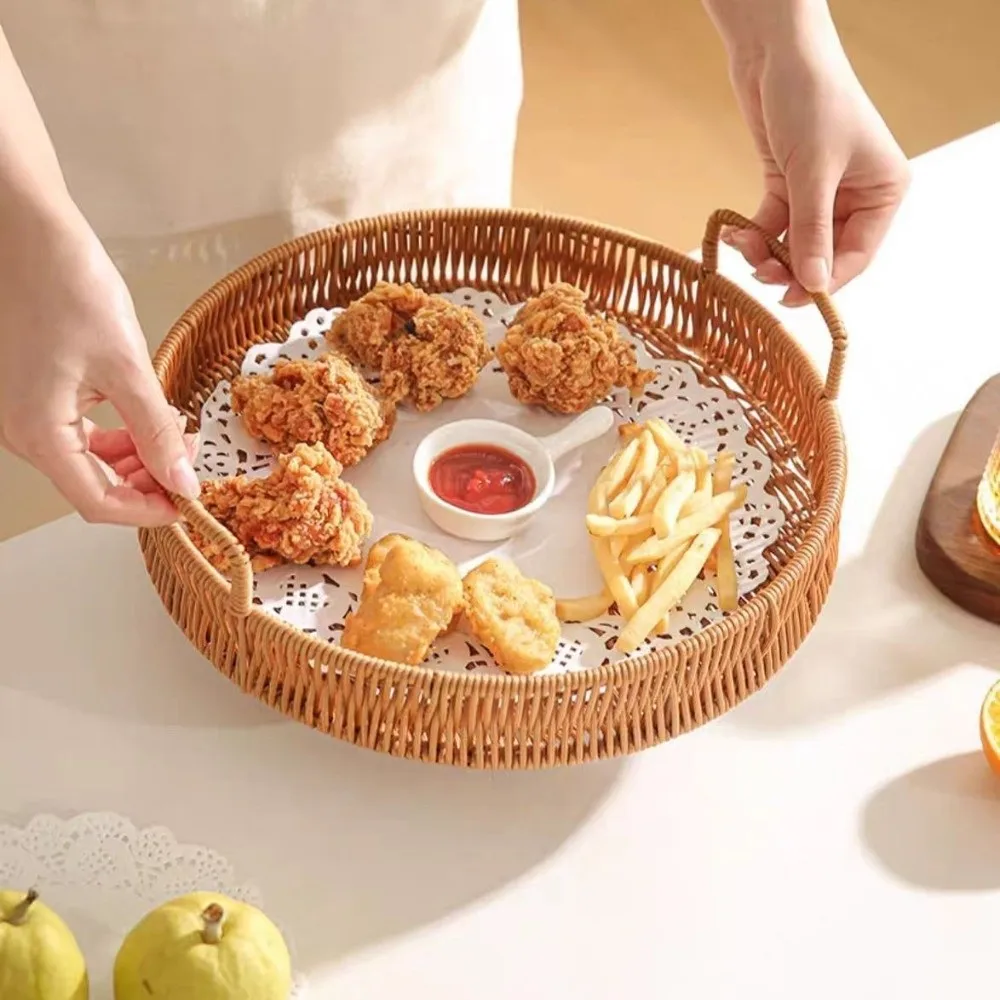 

20/25/30/35 см корзина из ротанга ручной работы с ручкой, пластиковый поднос для хранения из искусственного ротанга, плетеная корзина с двойными ушками для хранения продуктов питания