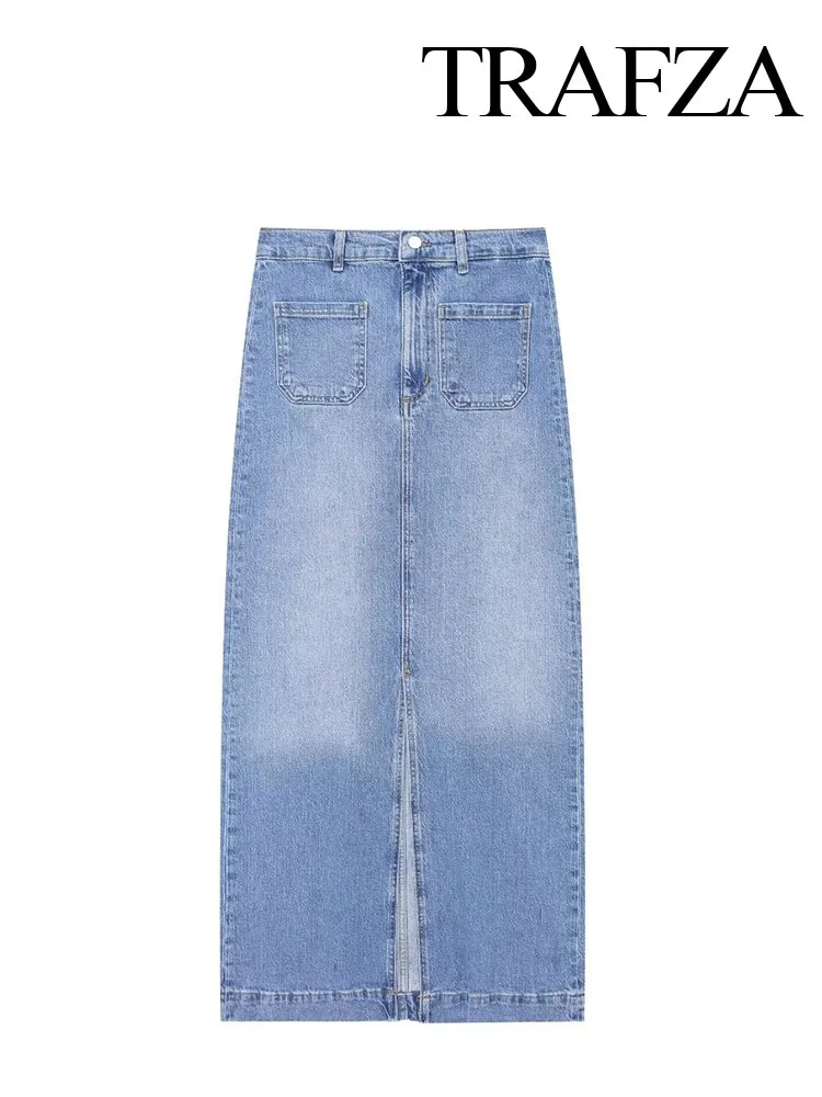 TRAFZA gonna a vita alta con cerniera sottile estiva moda donna per gonne con orlo a fessura gonne lunghe Streetwear Vintage eleganti in Denim femminile