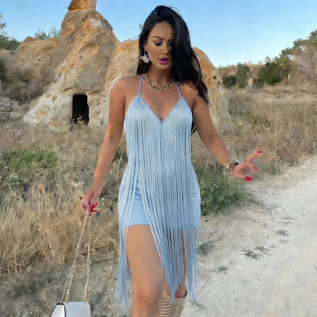 

Tassel Decoration Halter Lace-up Mini Dress Woman 2026 Spring Low-Neck Backless Sleeveless Skinny Bodycon Vacation Elegant Robe