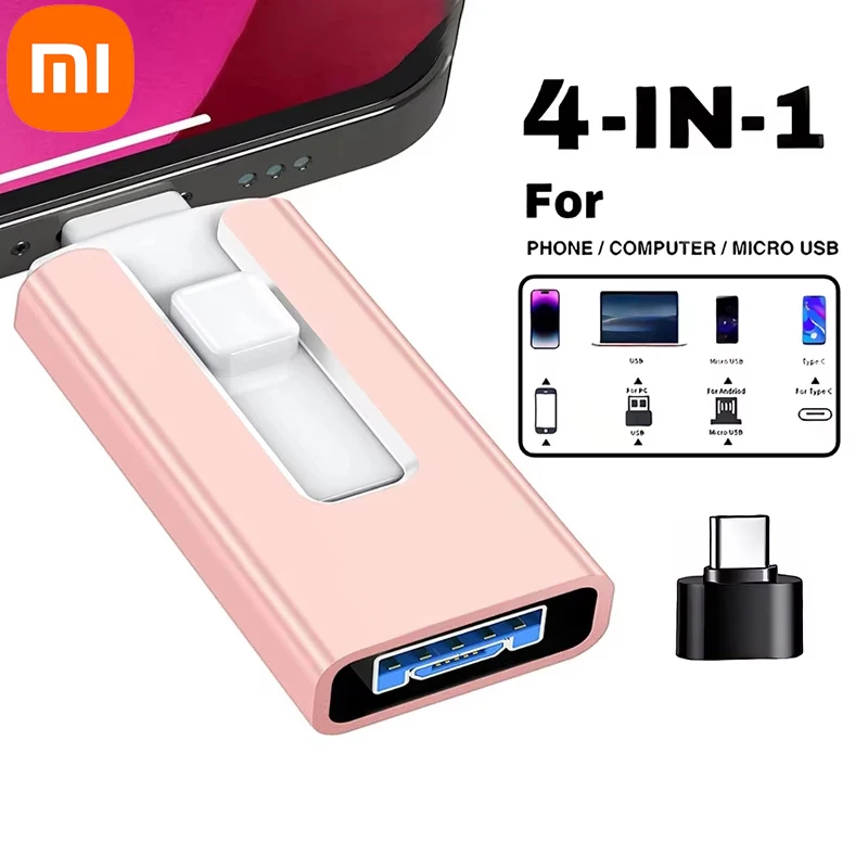 محرك فلاش Xiaomi USB 3.0 512G 256G 2TB 1TB مع 4in1 لواجهة Iphone Mirco Type Pendrive لهاتف Iphone7/8/11/12/13 Ipad