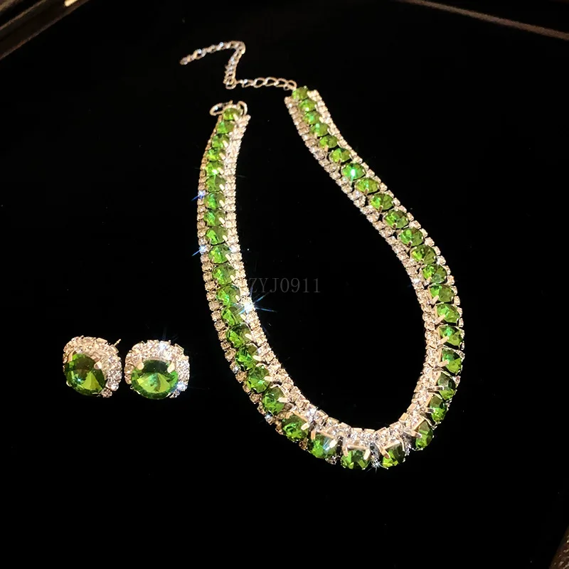 Inlaid Rhinestone Green Square Earrings Necklace Set Niche Creative Temperament Light Luxury High Sense Jewelry Sets Female
