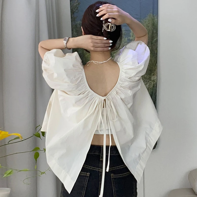 

Chic Summer Versatile round Ne Pleated Ba Strap Bubble Sve Double Sided Wear Women's irt Loose Fit ort Sve