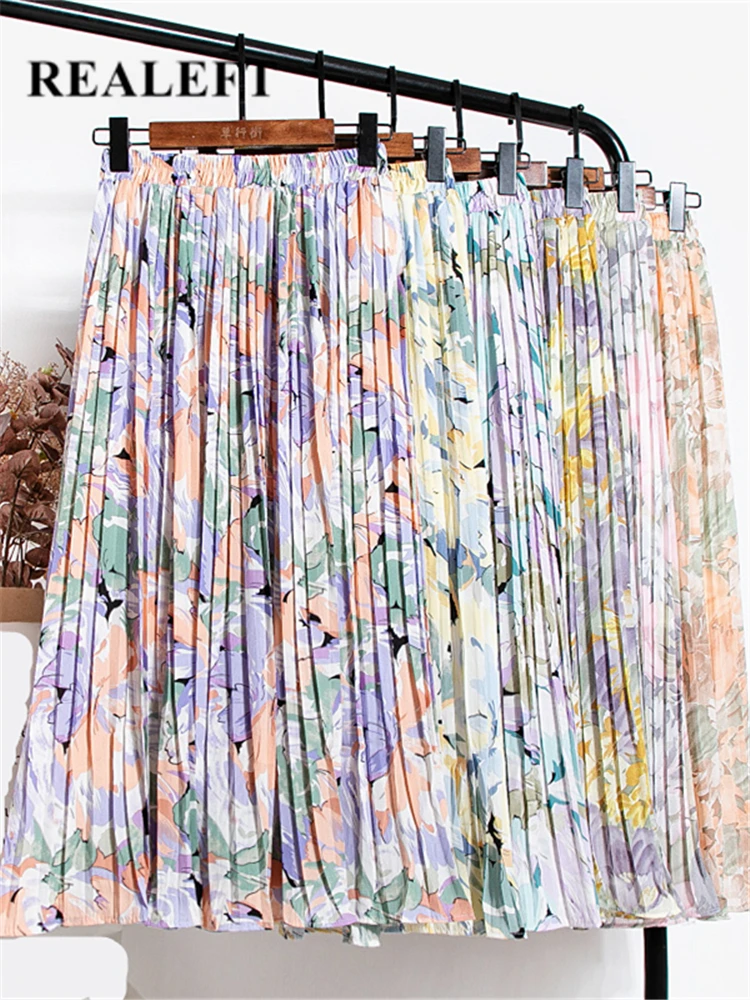 REALEFT New 2022 Vintage Floral Printed Tulle Pleated Mi-long Women Skirts High Waist Loose Female Umbrella Skirts Spring Summer