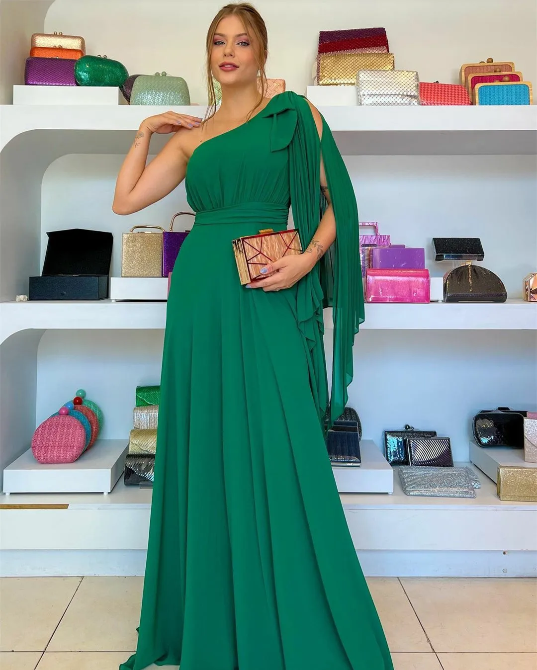 Emerald Green Prom Dresses for Teens 2023 Floor Length One Shoulder Saudi A-Line Bridesmaid Dress for Wedding vestido de coctel