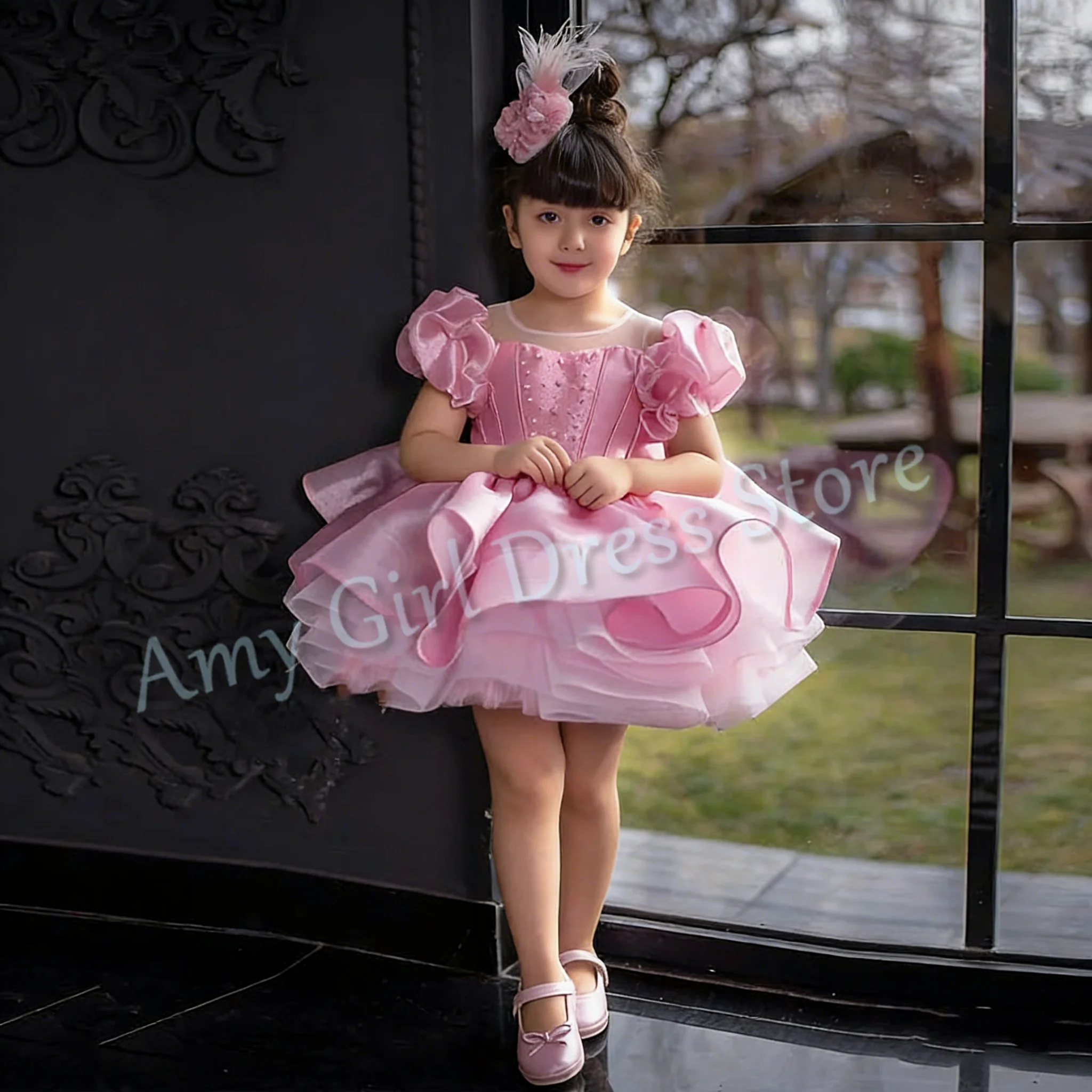 Quality Pink Flower Girl Dress For Wedding Tulle Puffy Short Sleeves Lovely Little Girl Photo Shoot Birthday Gown Customized