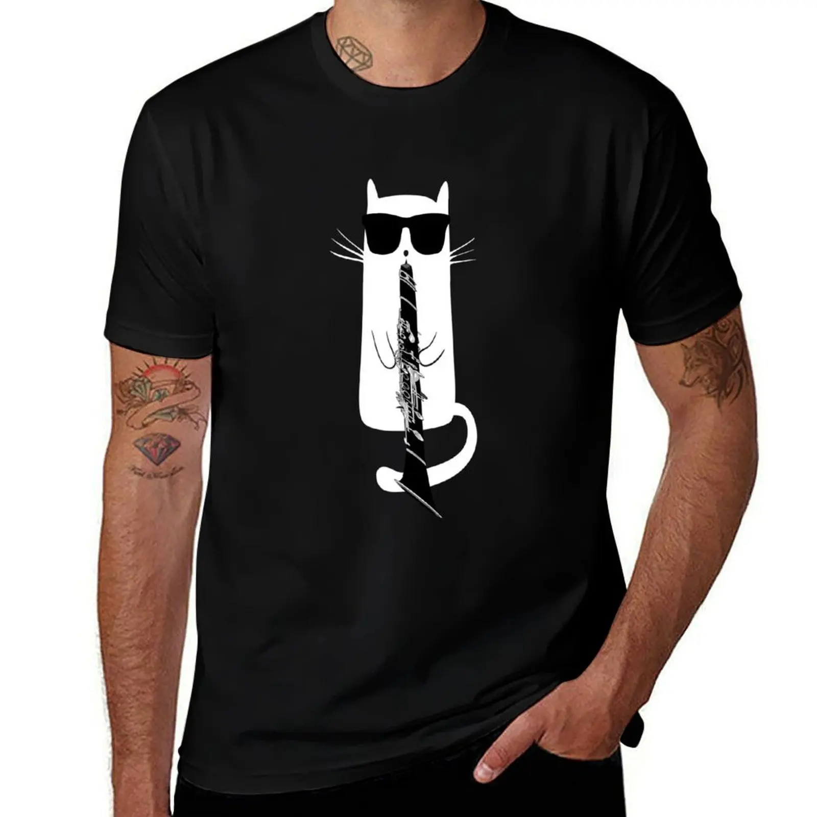 

Забавный кот в солнцезащитных очках, футболка с изображением кларнета, футболки для мужчин, винтажная мужская футболка с рисунком, футболка из 100% хлопка