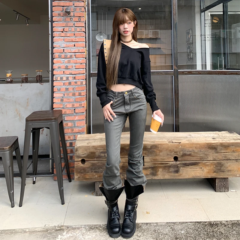 Women Flare Jeans Fashion Skinny Bell Bottom High Waist Gray Denim Pants Lady Classic Y2K Rivet Decoration Long Trousers