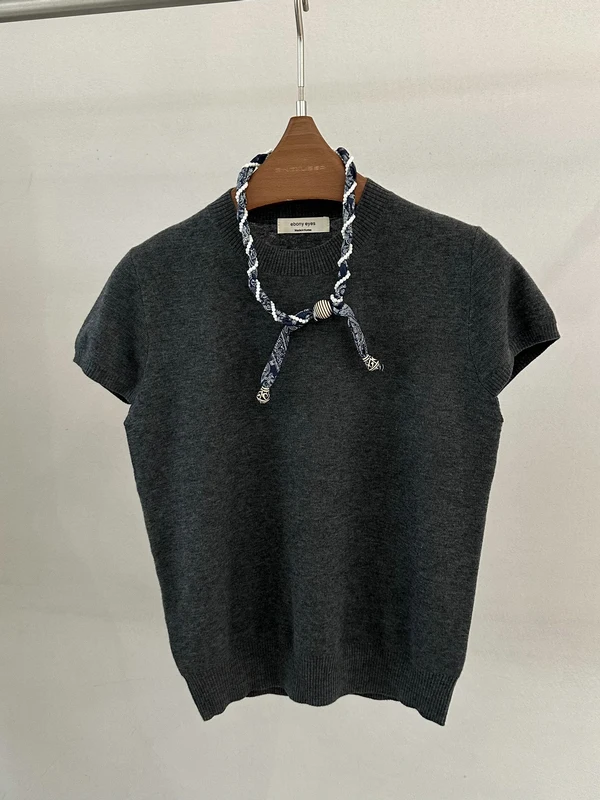 

Женский свитер в корейском стиле из шерстяной смеси с коротким рукавом и круглым вырезом, с шелковым шарфом-кольцом, весенне-летняя мода, простой дизайн