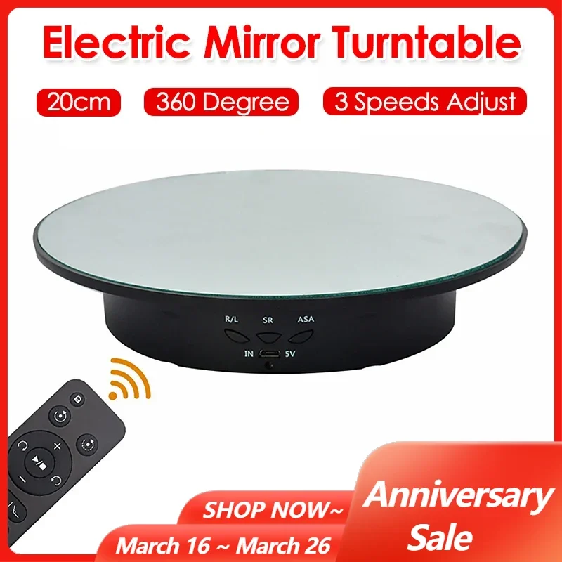 360 Degree Electric Rotating Display Stand 20CM 3 Speeds Electric Mirror Turntable for Photography Shooting Jewelry Holder