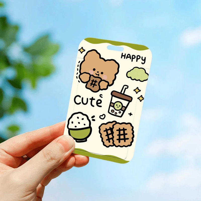 Cute Happy Bear Credential Badge Holder Colorful Card Storage Photo Bag Student ID Card Holder Bus Card Protective Case Keychain