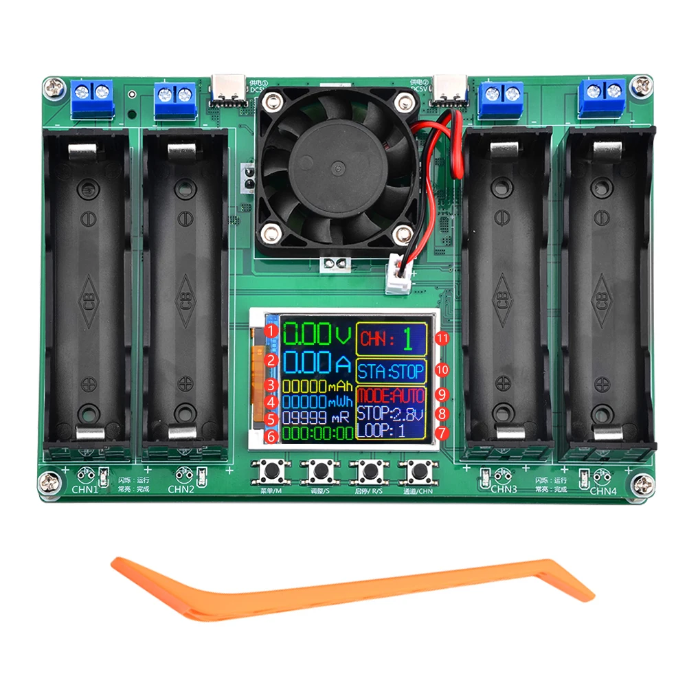 

4 Channel 18650 Li Battery Capacity Tester Automatic Charging Discharging Detector Module Dual Type-C Power Supply w/Fan Cooling