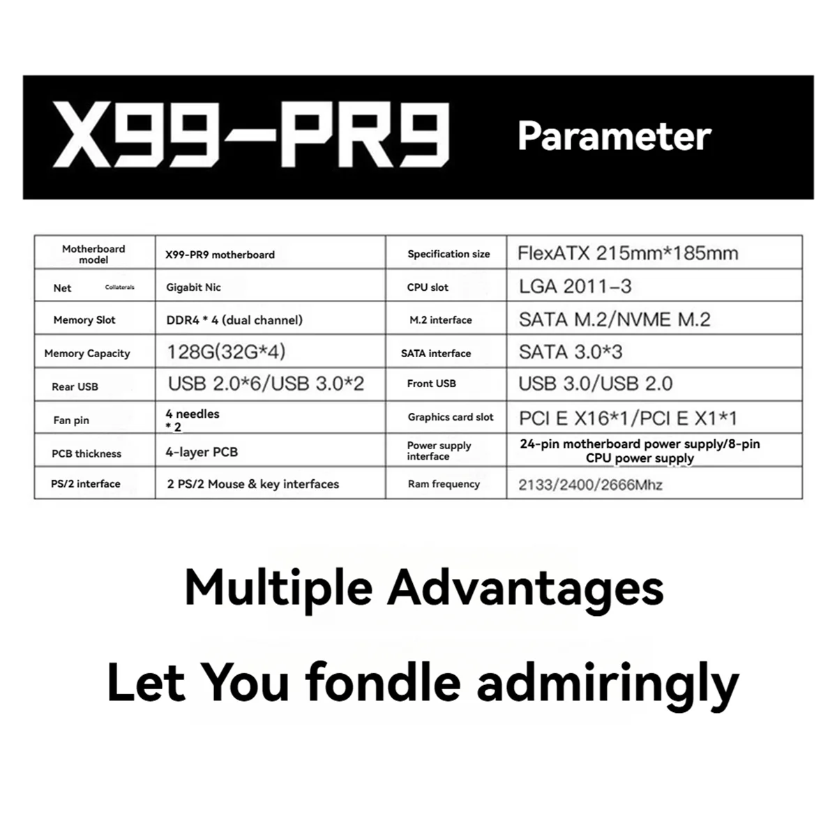 Placa base X99 PR9 de diseño duradero LGA 2011-3 compatible con CPU E5 26XX V3