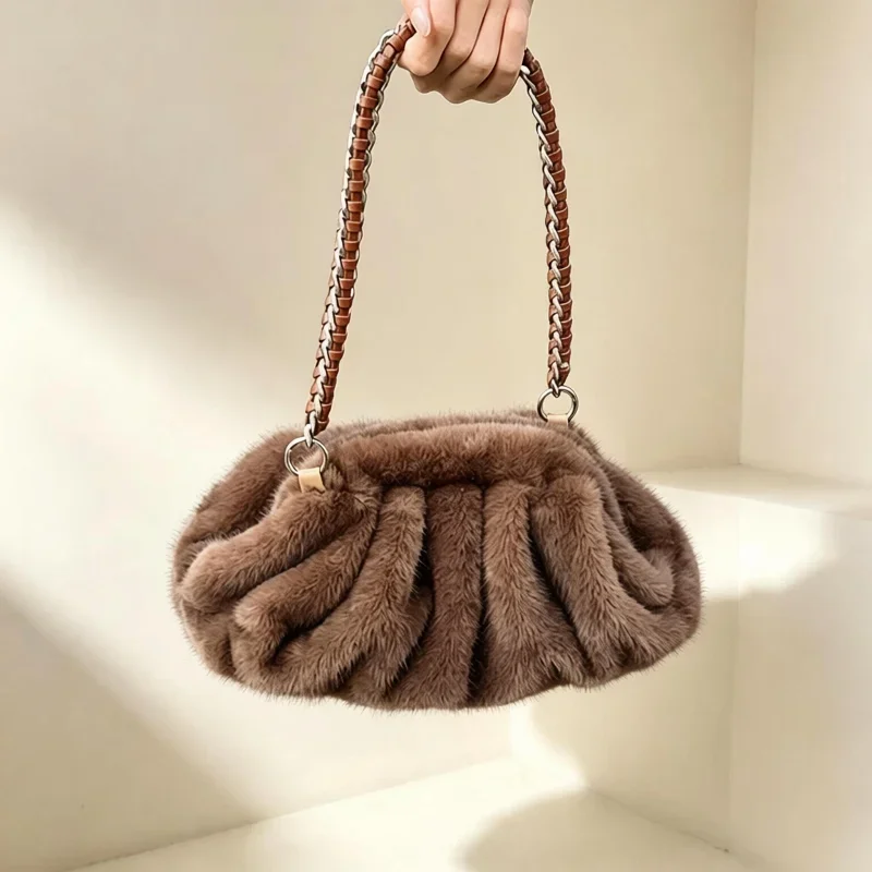 Faux Fur Accordion Cloud Bag Chain Strap Shoulder Handbag Ruched Wrinkle Texture Fluffy Evening Clutch Underarm Purse Chic Bag