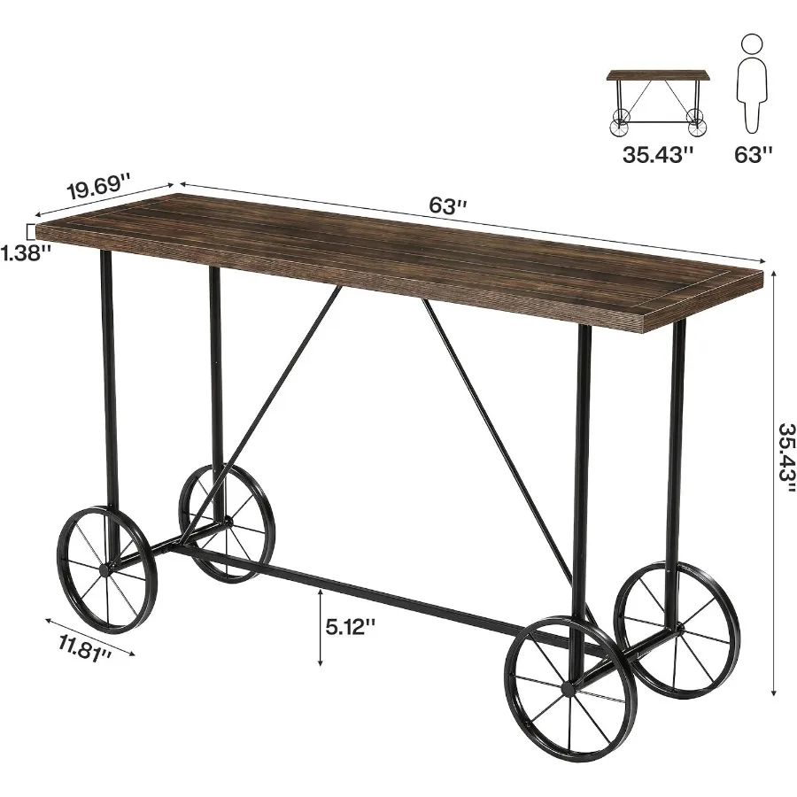 63-Inch Long Bar Table, Counter Bar Height Table with Bicycle-Style Metal Base, Industrial Rectangular Hightop Bar Pub, for Kit