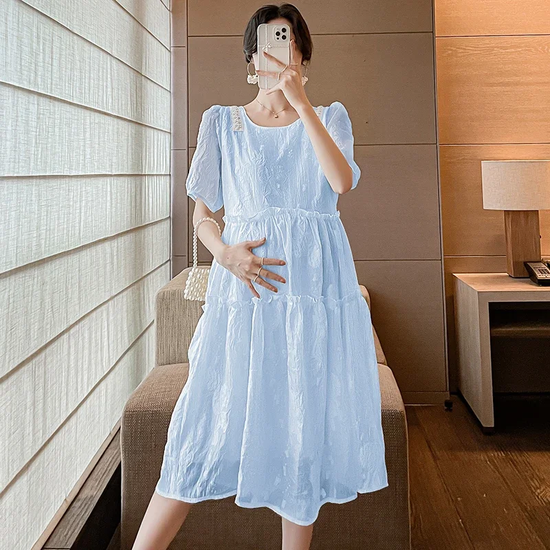 New Summer Casual Dresses For Pregnant Ladies Premama Contrast Color Beachwear Maxi Dress Maternity Gown Pregnancy Women Clothes