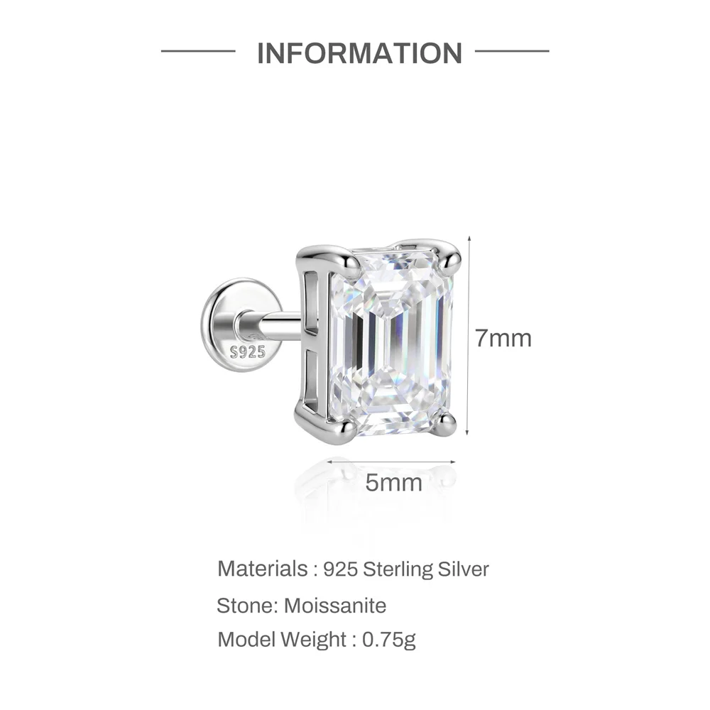 Aide 1pc 1CT Big Moissanite 925 Sterling Silver D Color VVS1 Flat Back Earrings Helix Threaded Piercing For Women Men Wedding