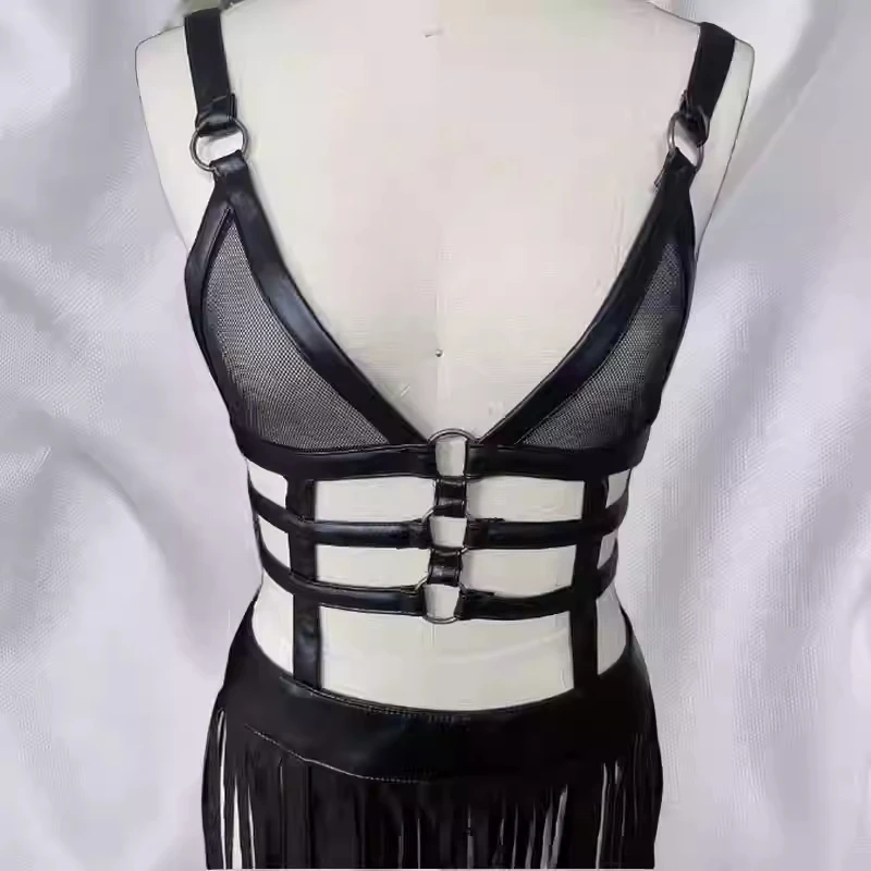 Nowa skóra PU gorąca dziewczyna seksowna czysta pożądanie długa sukienka z szelkami frędzle bez pleców skórzana klamra wydajność garnitur bar DS występ