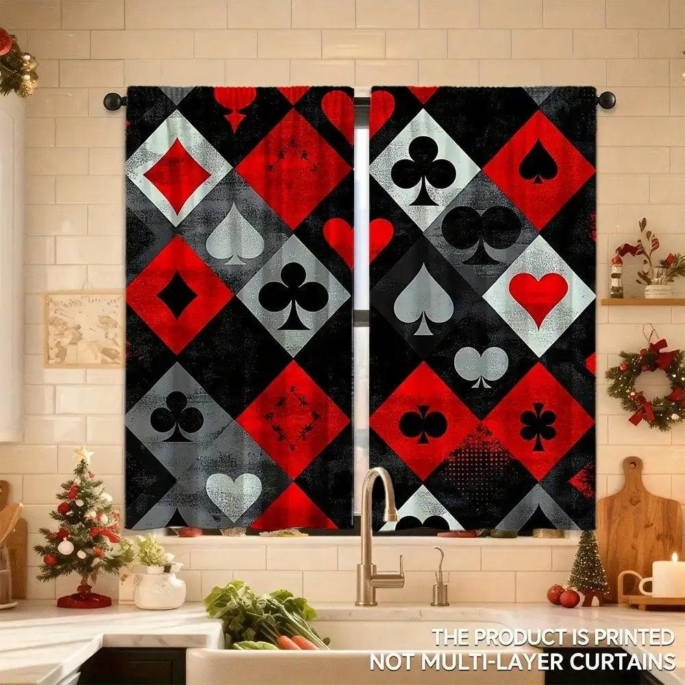 2pcs Red Black Diamond Playing Card Door Curtains - Modern Poker-Themed Window Drapes With Spade & Heart Patterns