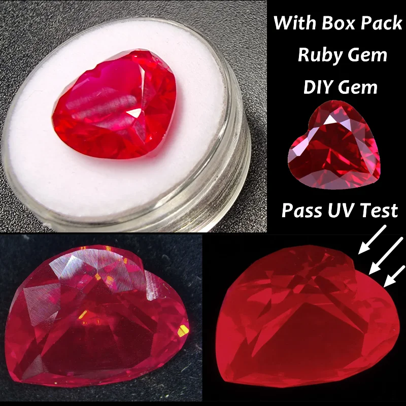 Gema de rubí con forma de corazón en caja de primera calidad, luz UV brillante, gema de claridad VVS VVS para anillo de compromiso/piedra de nacimiento, fabricación de joyas/colección/regalo