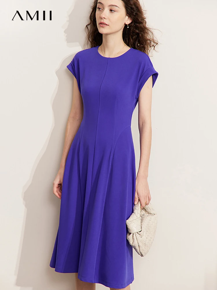 AMII Minimalism Dresses for Women 2023 Early Spring New French A Line Solid Purple Office Lady Casual Female Vestido 12322036