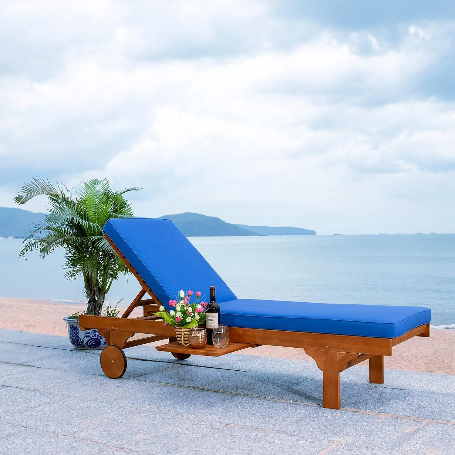 Outdoor Collection Newport Natural/ Royal Blue Cushion Built-in Side Table Adjustable Chaise Lounge Chair