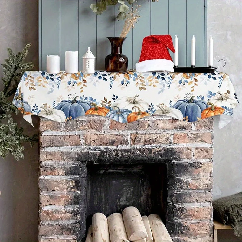 VIKAMA Fall Thanksgiving Fireplace Mantel Scarf Blue Orange Pumpkin Leaf Mantel Topper Autumn Home Fireplace Shelf Decor