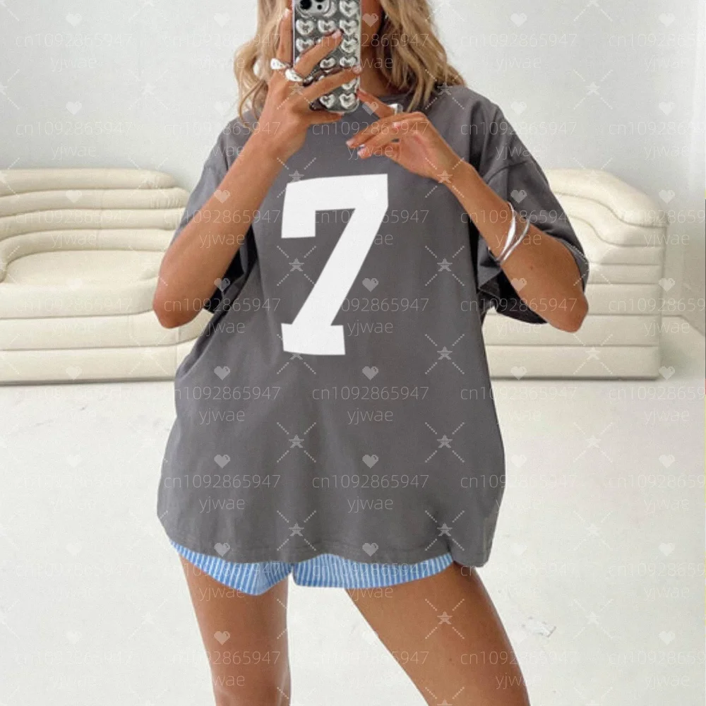 

Women Number Print V-Neck Short Sleeve T-Shirt Summer Graphic Tee Baseball Jerseys Stripe Oversize Sport T-Shirt