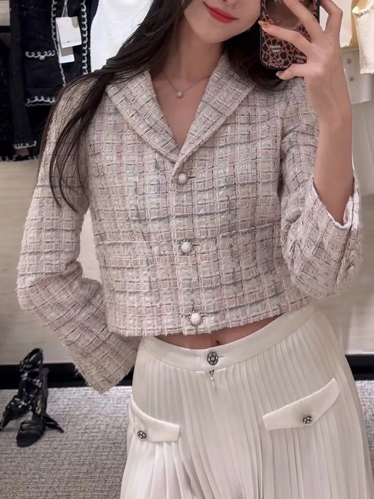Office Ladies Elegant Fashion Tweed Jacket Spring Long Sleeve Lapel Single Breasted Slim Fit Designer Fashion Women Short Coat