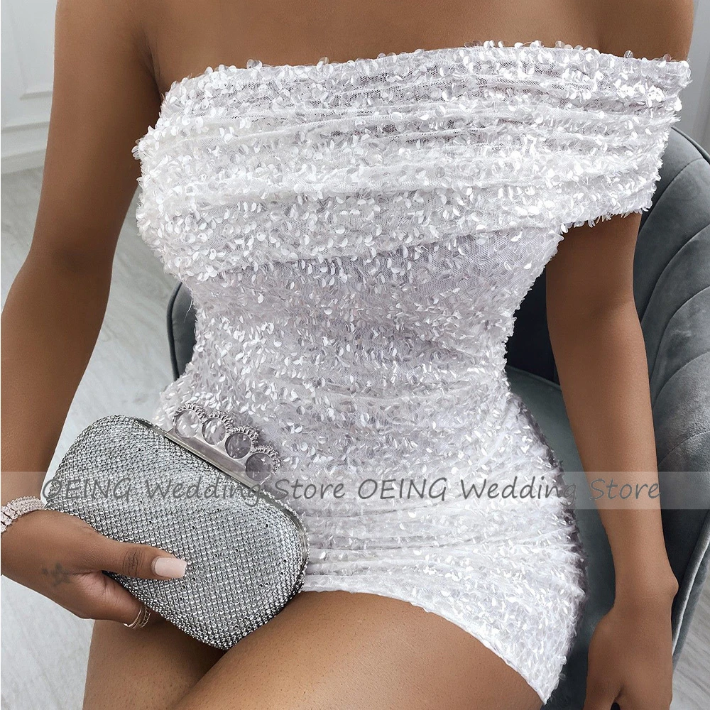 Glitter Sequin Wedding Dress Mini Off the Shoulder Sheath/Column Women's Wedding Gown for Bride White Short Bridal Dress 2023