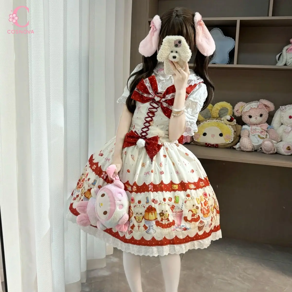 

Japanese Sweet Lolita Jsk Dress Women Red Bow Lace Trim Cartoon Print Puffy Skirt Kawaii Harajuku Cute Daily Outfit Chic Retro
