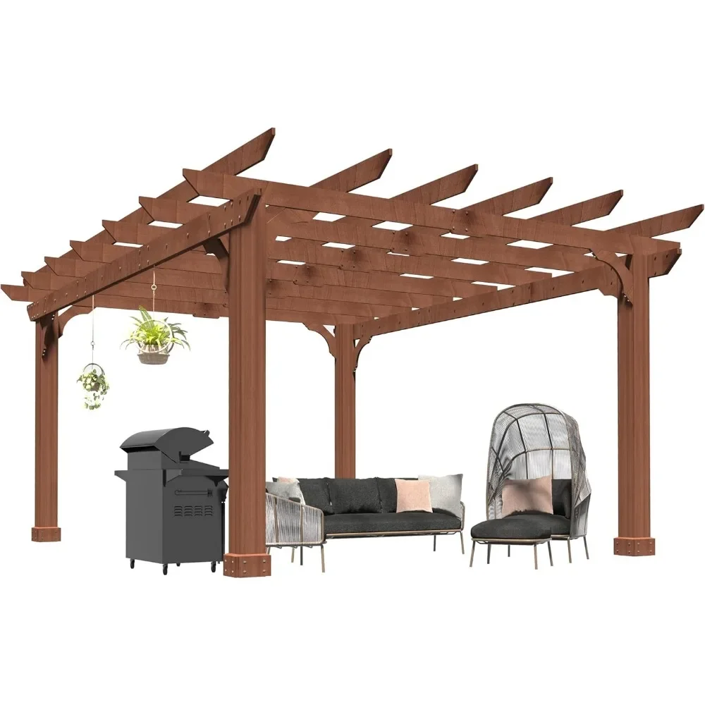 10x12 FT Wooden Pergola, Cedar Wood Gazebo with Flat Roof, Outdoor Garden Shelter with Stakes Included, Patio