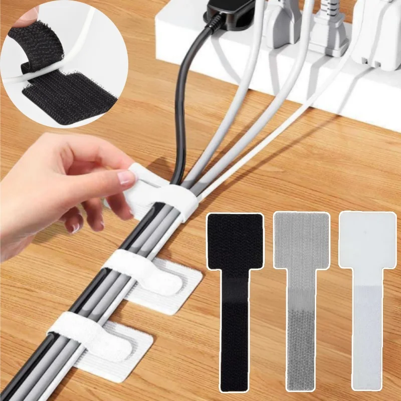 Organizzatore di cavi riutilizzabile Supporto per fune Nastro di fissaggio in nylon autoadesivo Filo nero Fascette per cavi con gancio e anello regolabili
