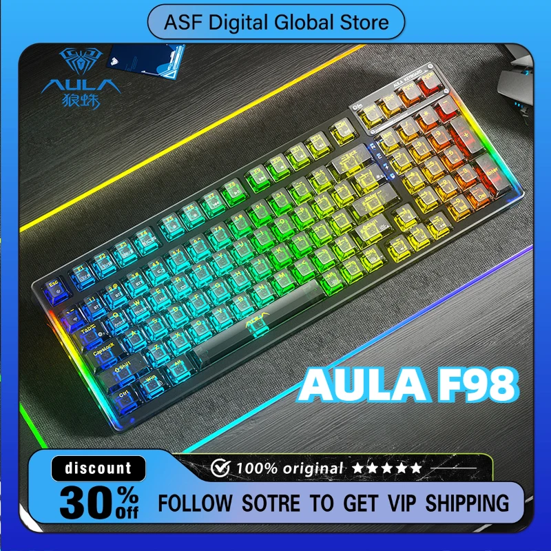 AULA F98 Wireless Mechanical Keyboard RGB Three Mode PC Transparent Keycap 99-key Hot-swappable Gasket Custom Game Keyboard