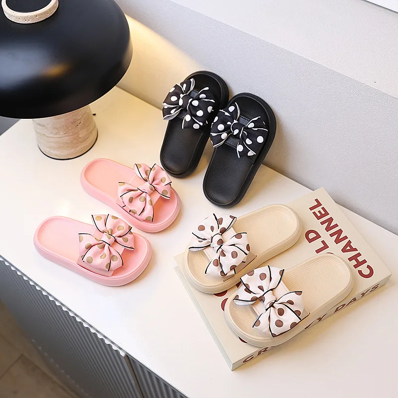 Kids Slippers Spring Autumn Girls Fashion Bow Wear Wear Non-slip Home Slippers Outside Home Thick Bottom Beach Sandals Slippers