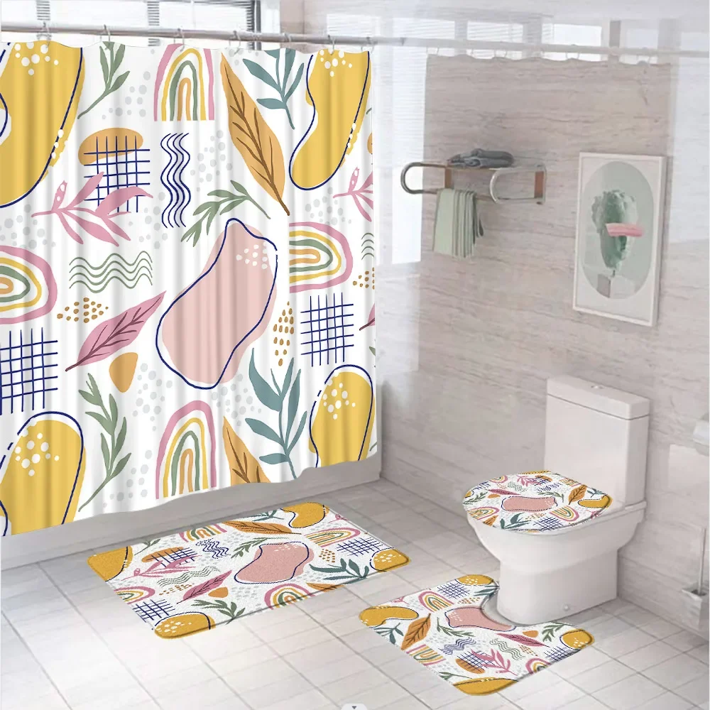 Abstract Leaves Shower Curtain Sets Colorful Medieval Flowers Art Design Bathroom Decor Non-Slip Rugs Toilet Lid Cover Bath Mats